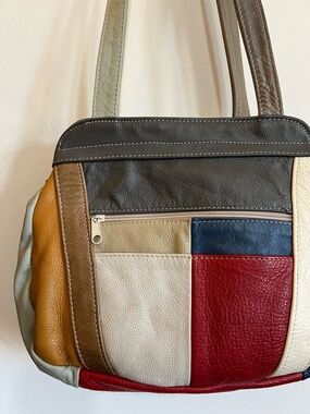 Vintage Multicolor Patchwork Slouchy Shoulder Bag in Red, Blue, Tan, Cream